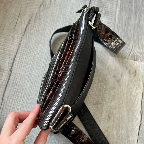 Brighton Go Go Crossbody Messenger Bag Black Brown Nylon Croc Embossed Leather - Picture 6 of 16